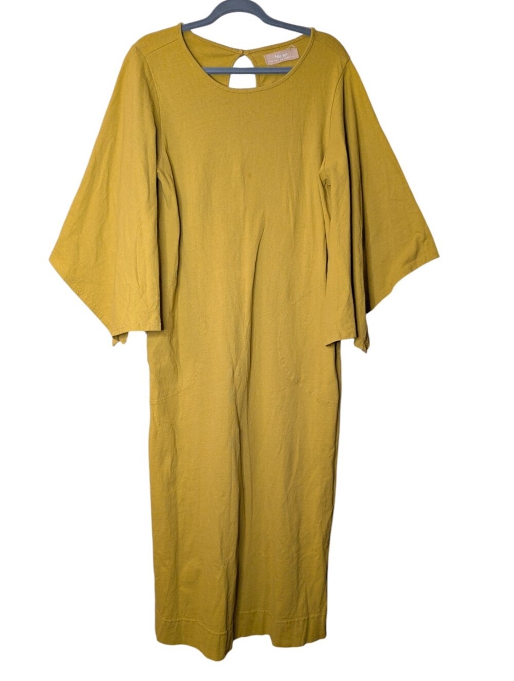 Free People Briar Dress Mustard Wide Sleeve Keyhole Back Knit Midi Large cotton